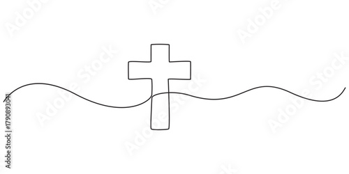 Christian cross in one line art style. Drawing of a religious symbol with editable black stroke on a white background. Vector illustration., Cross icon icon line continuous editable drawing. One line 