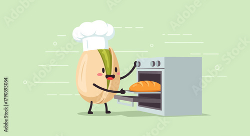 Chef Pistachio Baking Fresh Bread in Oven With Whimsical And Charming Illustration