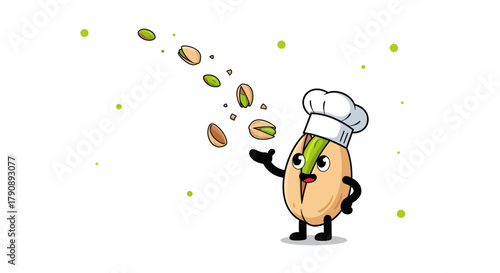Chef Pistachio Juggling Nuts Creating a Whimsical Culinary Illustration for Food Lovers