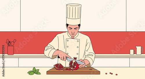 Chef Precisely Slicing Fresh Pomegranate Fruit Preparing Culinary Delights Carefully