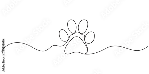 Continuous one line drawing of a animal paw pad, Dog paw one line art, One line drawing of a dog paw print in minimalist vector outline style, isolated on white background. vector illustration
