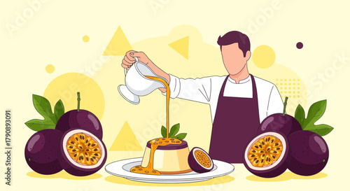 Chef Plating Exquisite Passionfruit Dessert On A Beautiful Illustration Render