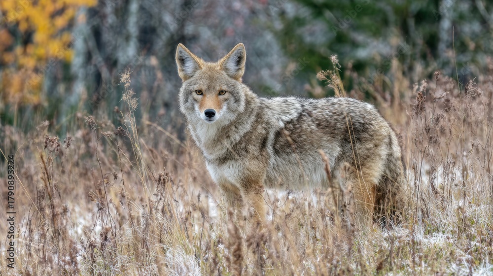 Naklejka premium A coyote is seen standing in tall grass with autumn foliage in the background. The animal looks alert showcasing its natural habitat and seasonal colors.