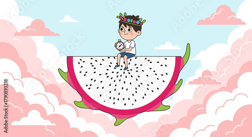 Celestial Navigation: A Child's Journey Through the Dragon Fruit Sky, Dreamlike Scene