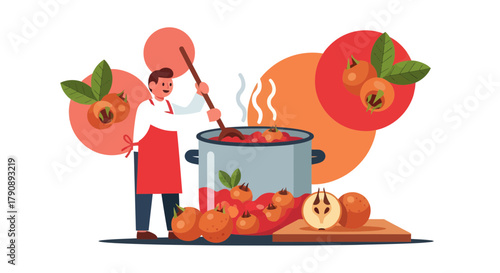 Chef Preparing Delicious Fruit Preserves in Large Pot with Fresh Fruit and Leaves