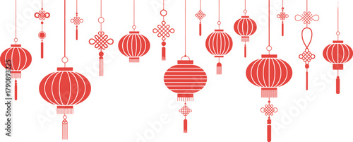 An intricate display features numerous red festive lanterns and symbolic knots suspended by fine strings, embodying traditional Asian celebration decor, perfect for cultural event backgrounds