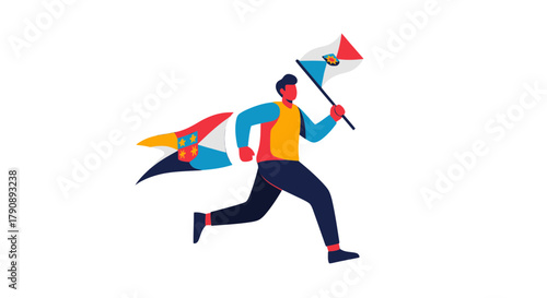 Champion Running With A Flag Against Black Background Creating A Dynamic Illustration