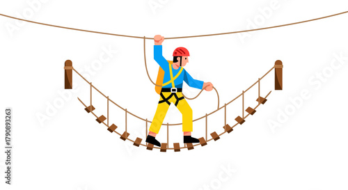 Challenging Adventure Illustration Depicting Courage and Skillful Navigation Across a Rope Bridge