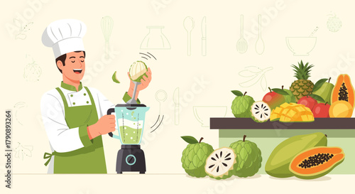 Chef Preparing Fresh Fruit Smoothie With Tropical Fruits For Healthy Breakfast Beverages