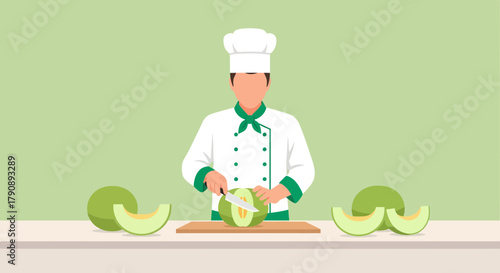 Chef Preparing Fresh Melon Slices on a Cutting Board in a Delicious Culinary Illustration