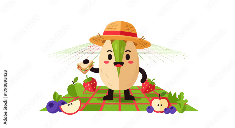 Naklejka premium Charming Animated Pistachio Character Enjoying a Picnic with Fresh Fruit and Snacks