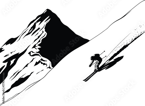 A dramatic black and white silhouette illustration of an extreme skier descending a steep, snowy mountain peak