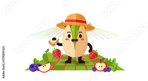 Charming Animated Pistachio Character Enjoying a Picnic with Fresh Fruit and Snacks
