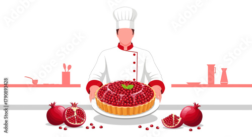 Chef Presenting Garnet Tart With Kitchen Elements For Festive Celebration