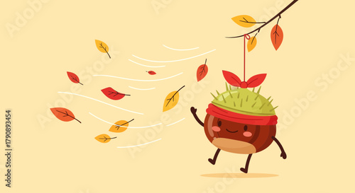 Charming Autumn Chestnut Character Dancing Amidst Falling Foliage in Whimsical Scene