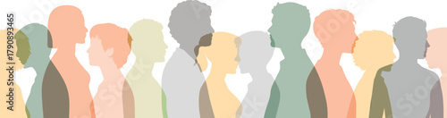 Vibrant community of diverse individuals represented by translucent pastel silhouettes, symbolizing unity, connection, and human interaction in a harmonious gathering