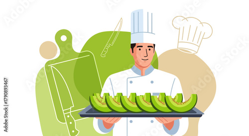 Chef Presenting Sliced Honeydew Melon Slices On Serving Tray Freshly Prepared Food