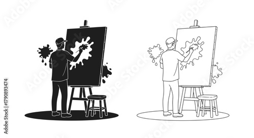 An artist painting on a canvas depicted in both filled and outline styles