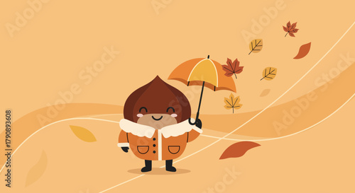 Charming Chestnut Character Holds Umbrella in Autumnal Scene with Falling Leaves