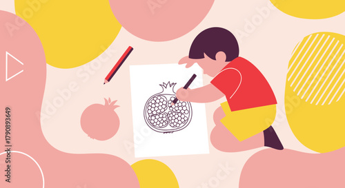 Child's Creative Pomegranate Coloring, Artistic Expression, Fruity Fun, and Playful Illustration