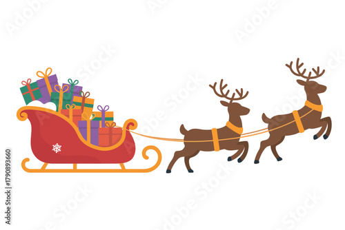 Santa's sleigh is pulled by reindeer, loaded with gifts for Christmas.