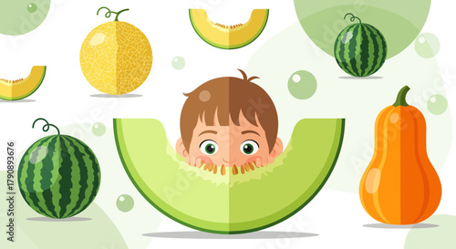 Child's Playful Interaction With Various Fruits And Vegetables Illustrations