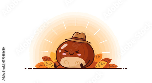 Charming Chestnut Wearing a Hat, Resting Joyfully Amidst Autumnal Foliage Display