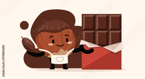 Charming Chocolate Bar Mascot Holding Cocoa Bean Presents Delicious Treats Illustration