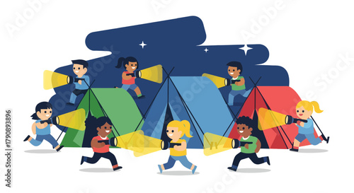 Children Exploring And Playing In The Evening, Camping In The Night With Flashlights