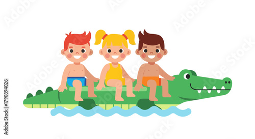 Children Having Fun Riding Crocodile on the Water: A Delightful Cartoon Illustration