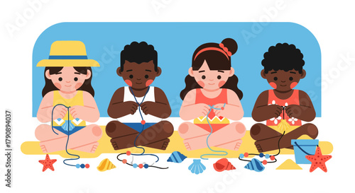 Children Having Fun Crafting Handmade Accessories While Enjoying Beachside Vibe