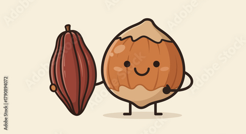 Charming Nutty Companions: A Cheerful Cocoa Pod and a Playful Hazelnut Sharing Moments