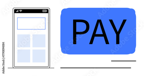 Smartphone screen showing app interface alongside large Pay button emphasizing online payment. Ideal for e-commerce, fintech, contactless payment, transaction security, app UI, digital wallet