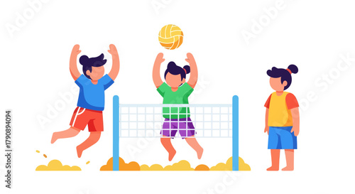 Children Playing Beach Volleyball With Vibrant Colors Against a Black Backdrop Illustration