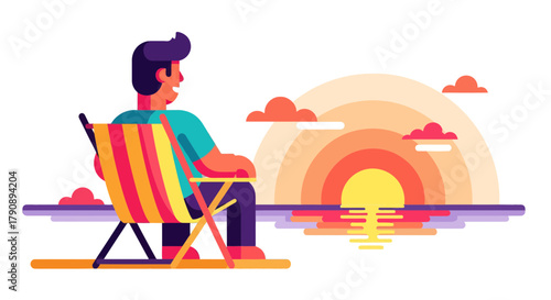 Chilling At Sunset, Colorful Illustration Depicting Vacation Relaxation and Solitude