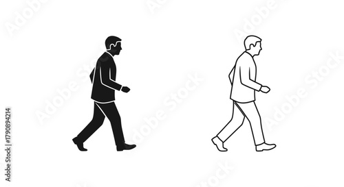 Two men walking in profile a solid and an outline illustration