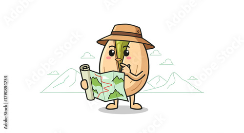Charming Pistachio Nut Adventurer Planning Next Expedition Route With Map In Hand