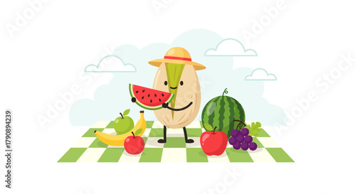 Charming Pistachio Fruit Character Hosting A Joyful Picnic With Delightful Produce