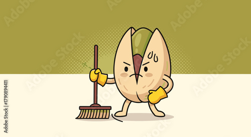 Clean And Comical Pistachio Character Sweeping To Depict Daily Chores In Playful Style