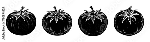 Black and white illustration of four eggplants aubergine vegetables food healthy eating vegan diet art