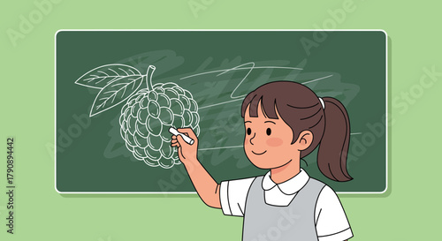Charming Young Student Drawing Custard Apple Fruit on Blackboard in a Classroom Setting