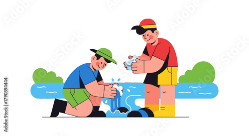 Cleanliness Education: Two Individuals Cooperate to Wash Hands Near River Water