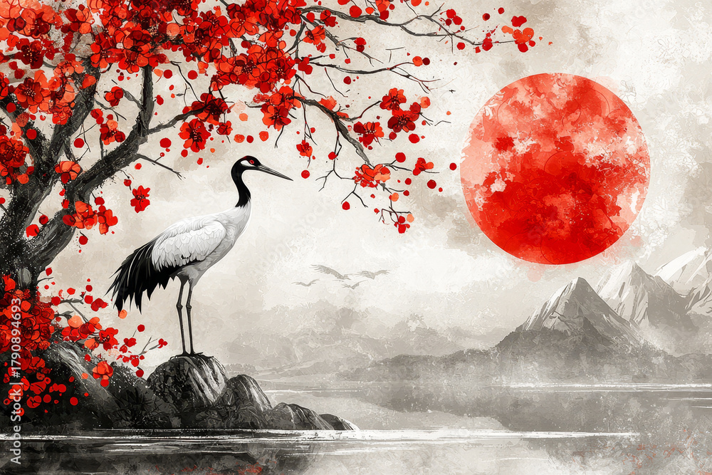 Obraz premium Red blossoms frame a crane by a lake with a large red sun and misty mountains.
