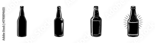 Vintage liquor bottles illustration set, antique alcohol container drawing, black and white design