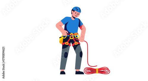 Climber Preparing For Adventure, Ready To Ascend, Safety Gear In Place, Climbing Concept