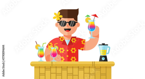 Cheerful Bartender Presenting Tropical Cocktails Behind A Wooden Bar For Refreshment