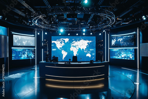 Modern studio with world map display and multiple screens set for news broadcasting.