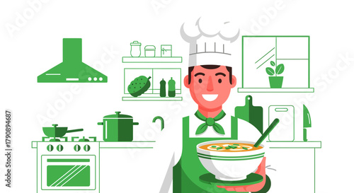 Cheerful Chef in Uniform Serves a Bowl of Delicious Soup in Green Kitchen