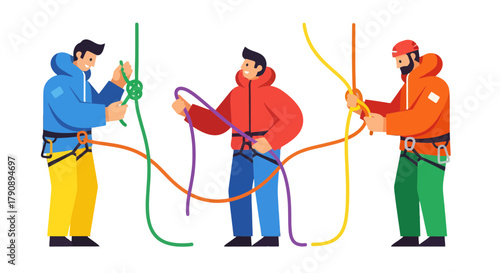 Climbers Practicing Rope Techniques and Safety Measures Against a Black Background