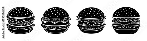 Delicious black and white burger illustration with sesame seed bun and various toppings art